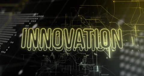 Faint code lines appearing, initiating INNOVATION emerging and pulsing, scaling Stock Footage 328657091