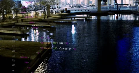 Faint code lines starting overlay rising over dock and water scrolling, Stock Footage 329533216