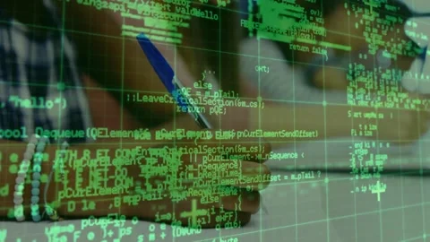 Faint code overlay shifting as female developer transcribing code on paper with Stock Footage 327846804