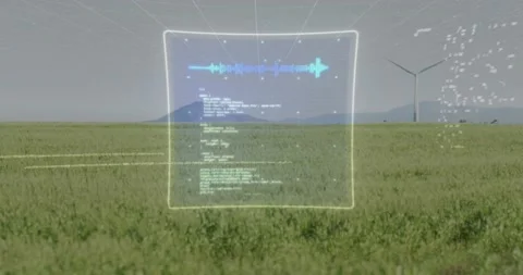Faint code streams appearing activating 3D dashboard over field near wind Stock Footage 317229449