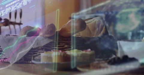 Faint code text appearing, panning view as charts animating over basket and Stock Footage 312758660