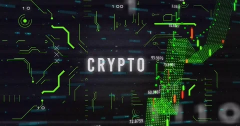 Faint CRYPTO text appearing, circuit traces flowing, dotted mesh rising Stock Footage 328225047