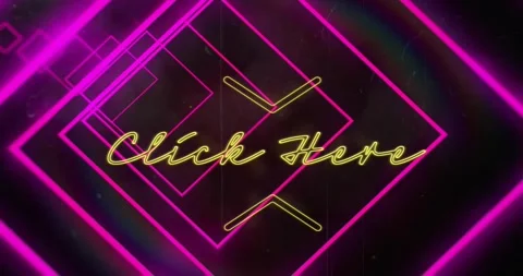 Faint cursive glowing causing Click Here neon appearing, magenta tunnel Stock Footage 329576414