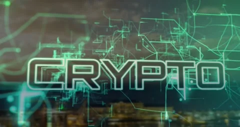 Faint cyan circuit lines appearing, CRYPTO forming, glowing and revealing tech Stock Footage 321800397