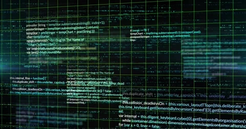 Faint cyan streaks appearing, code blocks streaming and sliding over green grid Stock Footage 328700724