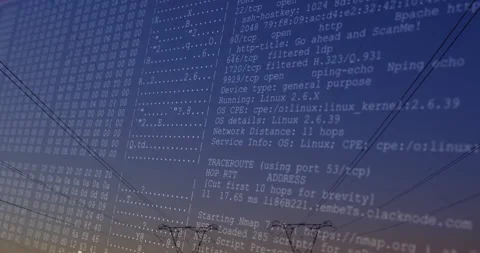 Faint data flashing starting Nmap scan overlay scrolling over pylons, Stock Footage 311678788
