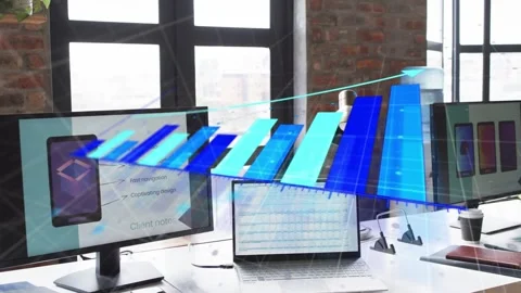 Faint diagonal appearing, 3D bar ribbon sliding across desk, growing, fading, Stock Footage 333317953