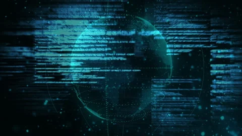 Faint digital Earth globe appearing scanning bars glitching code globe Stock Footage 313307618