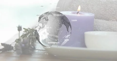 Faint digital globe appearing, rotating over candle and towel, fading and Vidéo 318093963