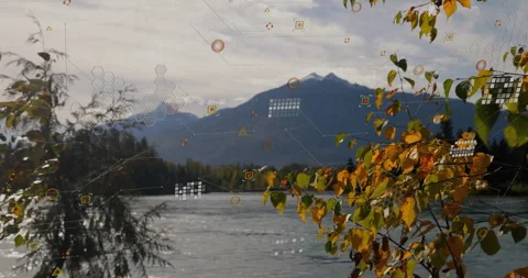 Faint digital nodes fading in over mountain lake, connecting shapes rising and Stock Footage 311225068