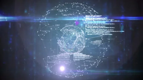 Faint digital wireframe globe appearing forming data network with nodes Stock Footage 310969446