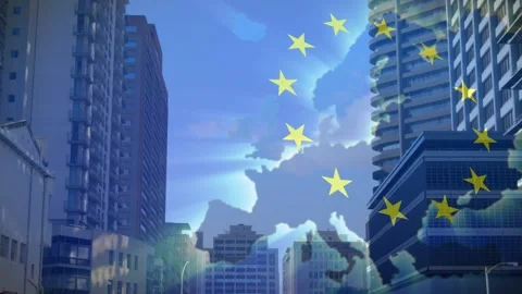 Faint Europe map and yellow stars fading in from right expanding over skyline Stock Footage 329470633
