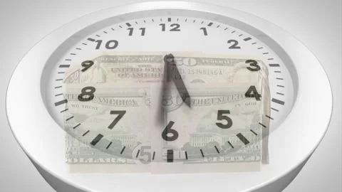Faint folded bill appearing, round clock rotating hands while bills emerging, 스톡 동영상 329702022