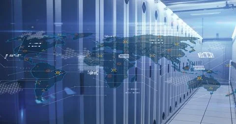 Faint global map appearing starting overlay pulsing across racks, showing data Stock Photos