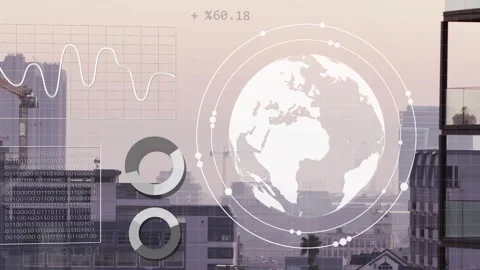 Faint globe appearing, globe HUD animating rings and nodes, charts sliding, Stock Footage 333950421