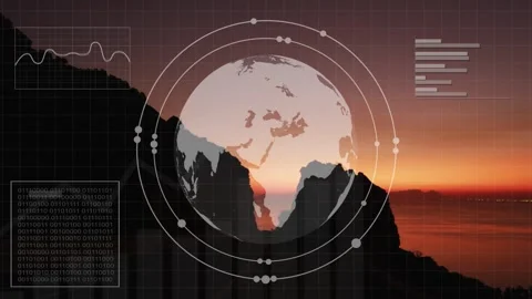Faint globe appearing over coastal sunset, rotating as rings and HUD panels Stock Footage 333447510