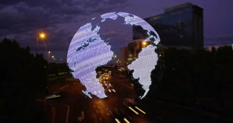 Faint globe appearing over roadway, rotating, revealing continents and mapping Vídeos de archivo 322221104