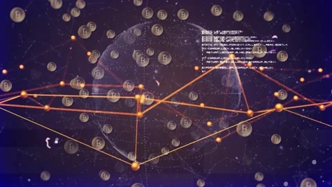 Faint globe emerging then rotating as B tokens orbiting and code fading Stock Footage 317741369