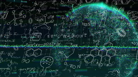 Faint glow initiating waveform as formulas shifting and neon sphere forming for Video stock 315543207