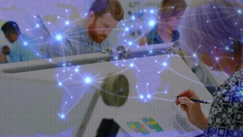 Faint glow starting network overlay, right designer writing while nodes growing, Stock Footage 331062761