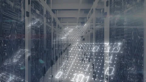 Faint glowing grid materializing over server aisle, binary digits drifting to Stock Footage 311140812
