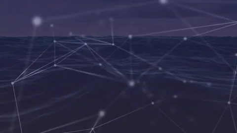 Faint glowing nodes appearing above ocean forming mesh pulsing rotating Stock Footage 312415968
