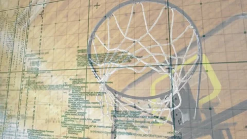 Faint green code appearing, hoop and net receiving overlay, zooming, grid Stock Footage 320916161