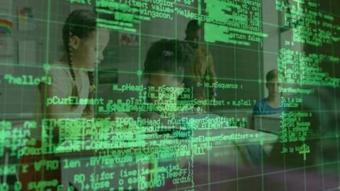 Faint green code grid drifting over students, two girls helping with workbook, Stock Footage 331272703