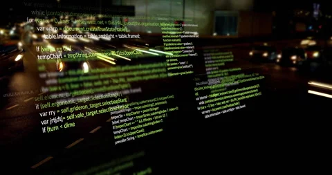 Faint green code panels materializing over traffic, floating, scrolling, typing Stock Footage 309677731