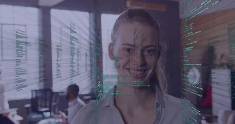 Faint green code streams rising and passing across face, woman standing in Stock Footage 333833290