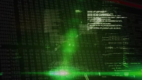 Faint green glow spawning rotating code panels and rising scan beam illuminating Stock Footage 317369223