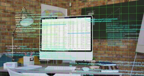 Faint green grid pulsing, white monitor taking overlays, code scrolling to Stock Footage 329471067