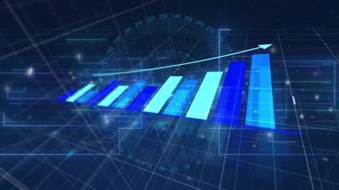 Faint grid appearing, 3D bar chart rising left to right, cyan arrow drawing up Stock Footage 328485481