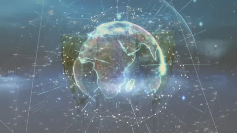 Faint grid appearing, data points coalescing into rotating Earth hologram Stock Footage 314707348