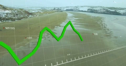As faint grid appearing, green 3D line graph rising across beach, adding Stock Footage 334036665