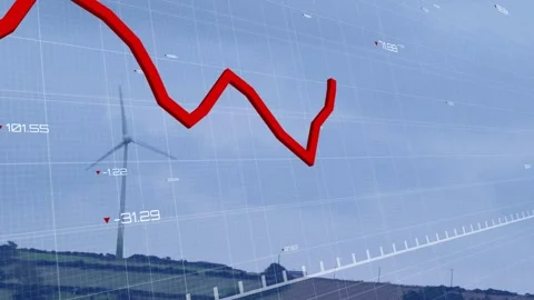 Faint grid appearing over hillside, red 3D line graph moving, showing peaks or Stock Footage 333963269