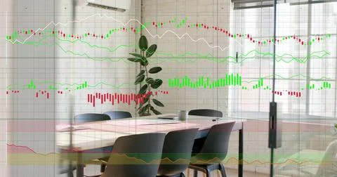 Faint grid rising, table, chairs, plant hosting growing market chart overlay Stock Photos