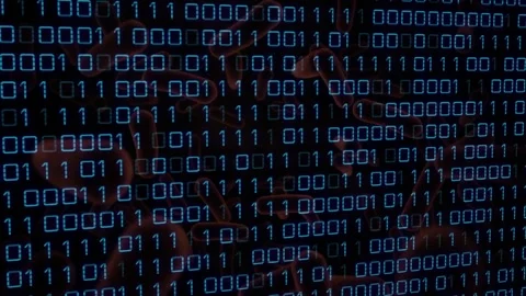 Faint hands entering behind glowing binary grid, pressing and sweeping digits Stock Footage 319573937