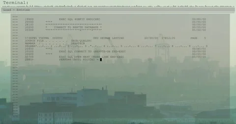 Faint header appearing, terminal overlay filling with SQL and EXEC showing Stock Footage 329550605