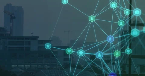 Faint hex nodes appearing over skyline glowing network pulsing purple node 스톡 동영상 312842324