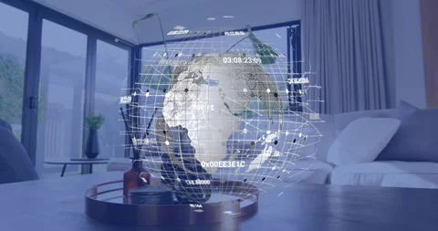 Faint holographic grid materializing above coffee table, forming rotating globe Stock Footage 318260706