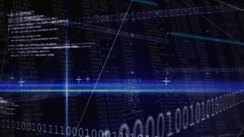 Faint horizontal blue beam appearing triggers code panels sliding in and grid Stock Footage 314744744