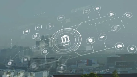 Faint HUD circle starting BANK emblem growing, hex nodes expanding, mapping Stock Footage 334884147