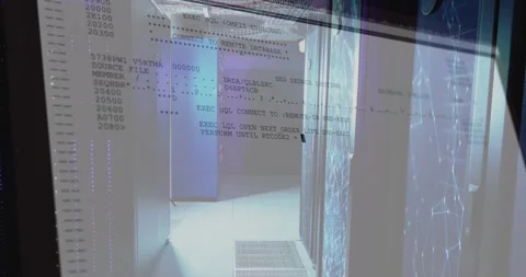 Faint interface overlay appearing over server corridor, streaming SQL lines for Stock Footage 327901084