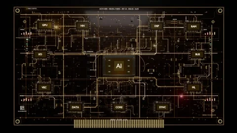 Faint lights starting central AI chip glowing linking GPU RAM via copper traces Stockbeeldmateriaal 337964611