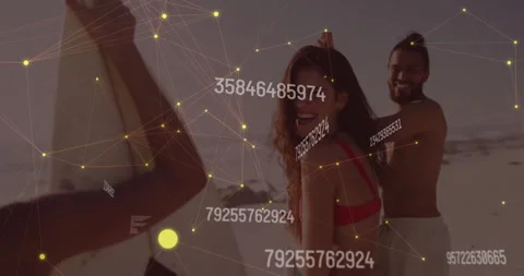 Faint lines of light and numeric codes weaving around three friends on beach Stock Footage 312240395