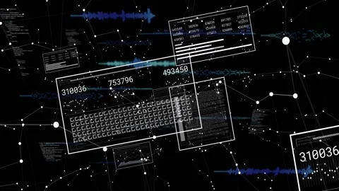 Faint lines starting panels, key grid tilting, numbers updating, wave traces Stock Footage 331197834
