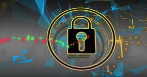 Faint lock icon emerging triggers mesh shifting while chart bars streaming to Stock Footage 319361004