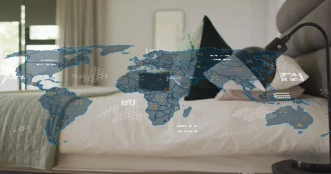 Faint map outline appearing, soft world map filling bed with dots and lines, Stock Footage 328583324