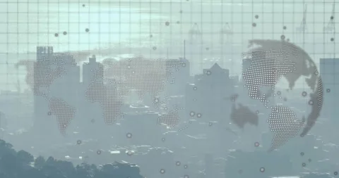 Faint map overlay appearing, 3D globe rotating, nodes pulsing, data showing over Stock Footage 322119689